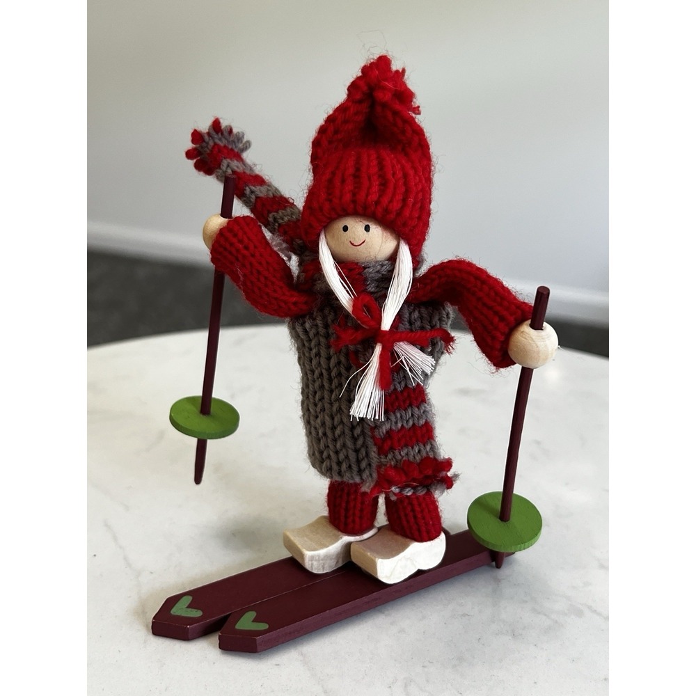 Vtg Swedish Tomte Ski Girl Figurine Handmade Scandinavian Folk Art Nordic Hygge